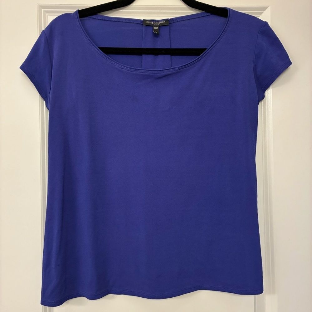 EILEEN FISHER Short Sleeve Dark Blue Blouse Women’s Size Petite Large